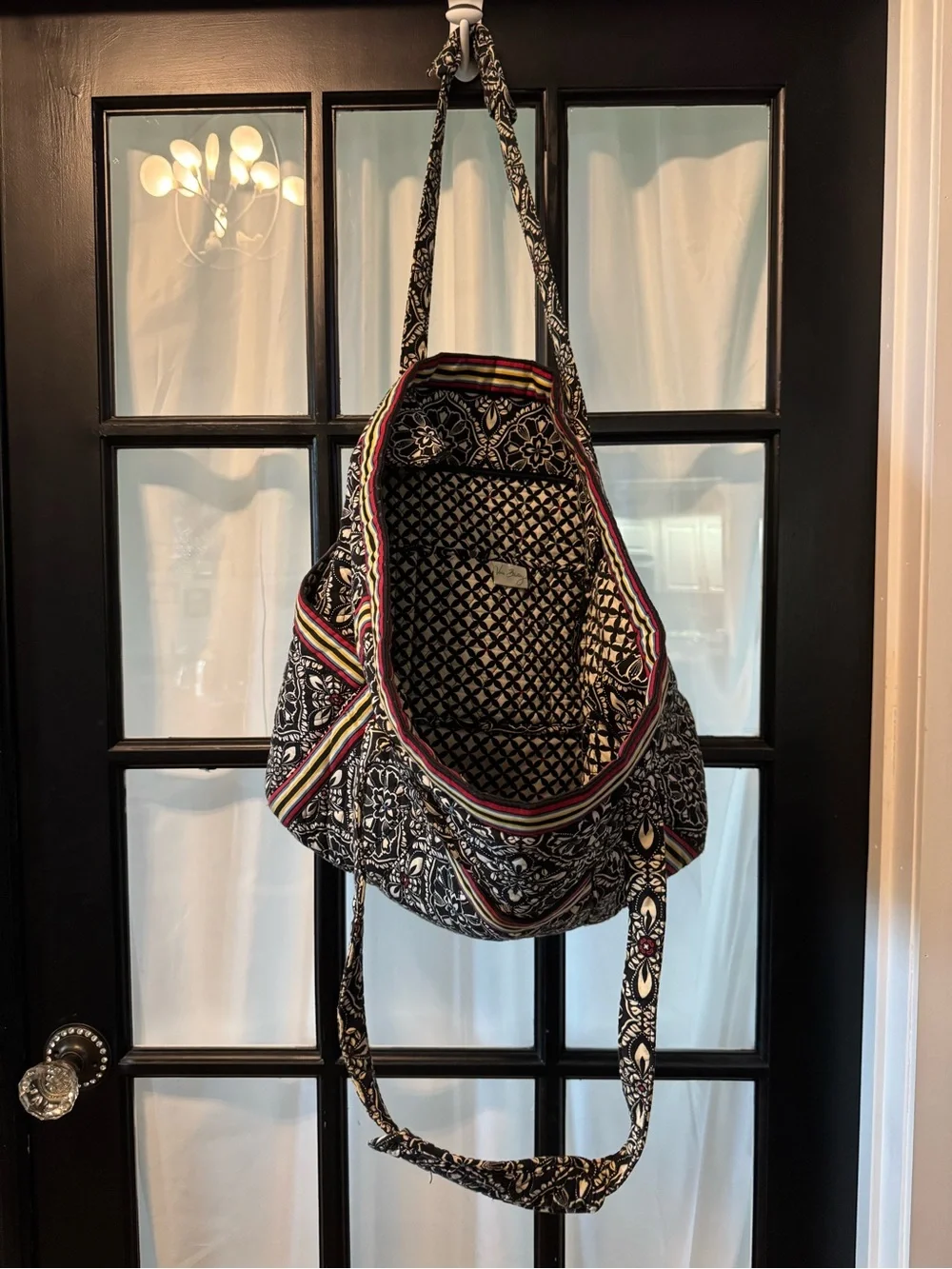 Vera Bradley XXL Quilted Black & White Floral Tote with Multicolor Stripe Accent